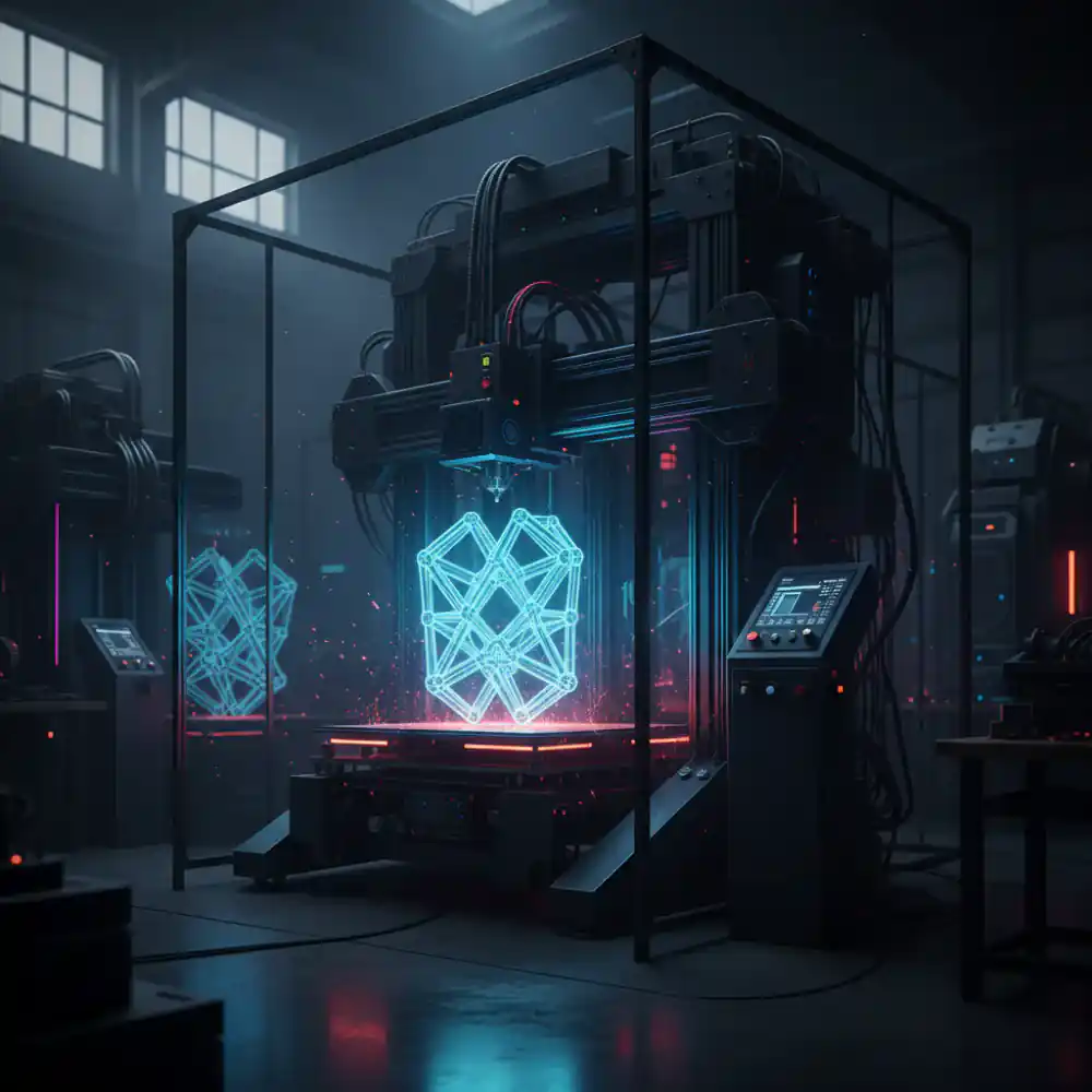 Industrial 3D printer producing a complex geometric part