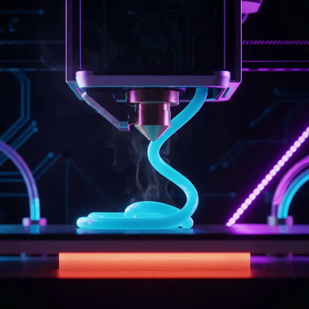 Close up of a 3D printer nozzle extruding blue filament