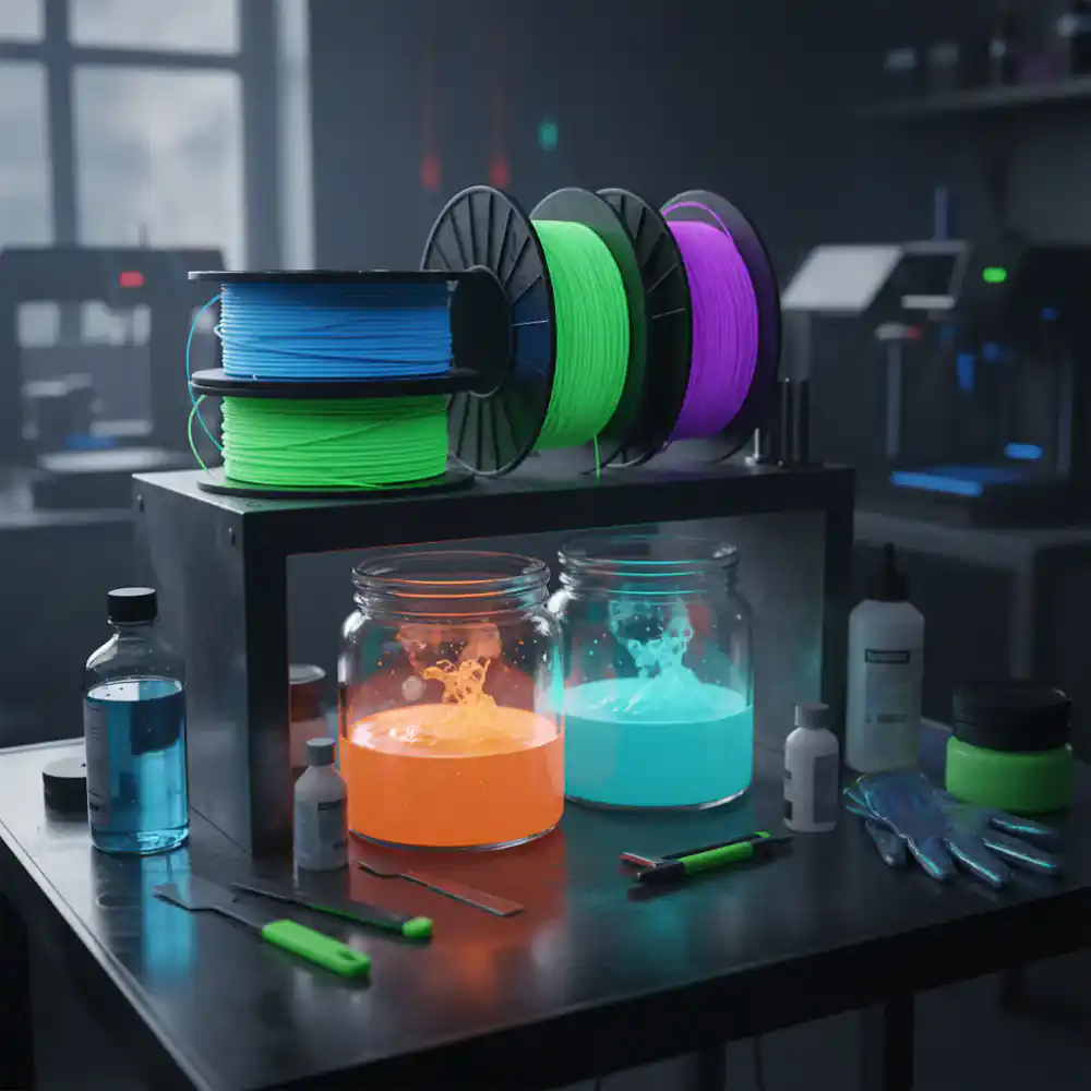Assortment of 3D printing materials including PETG spools and resin vats
