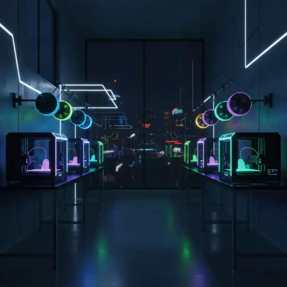 Clean 3D printing studio showing multiple active printers