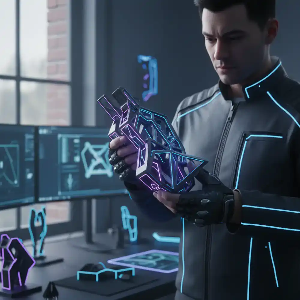 A designer inspecting a highly detailed 3D printed part