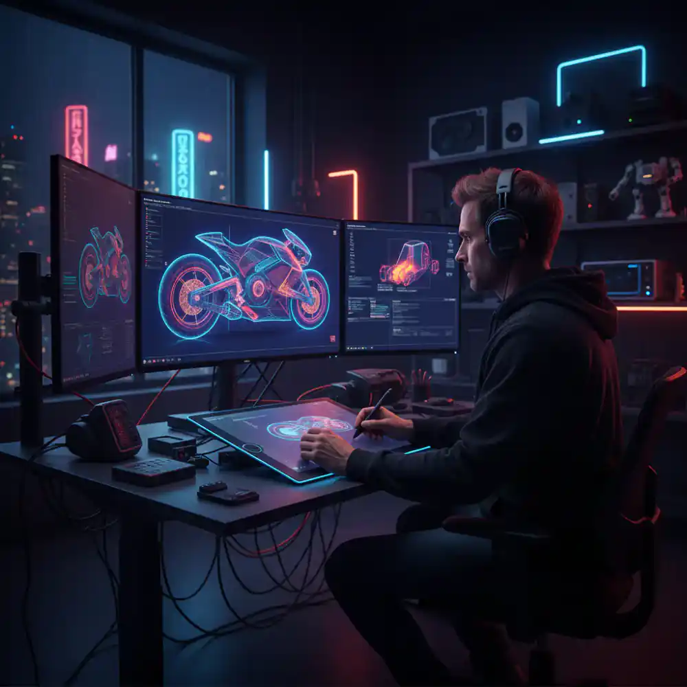Industrial designer working on CAD model on multiple monitors