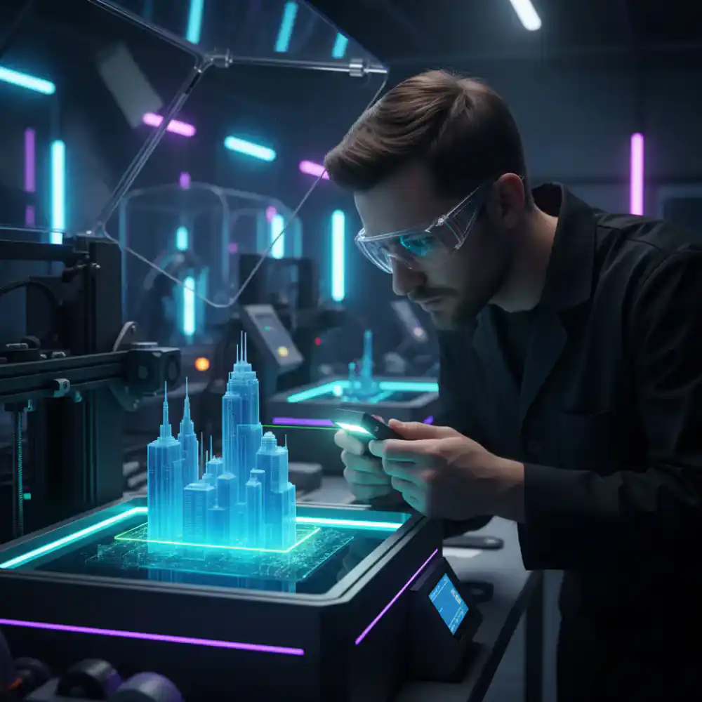 Technician inspecting a freshly printed resin model on an SLA 3D printer